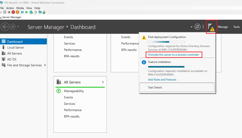 Screenshot: After Installation, click Promote this server to a domain controller