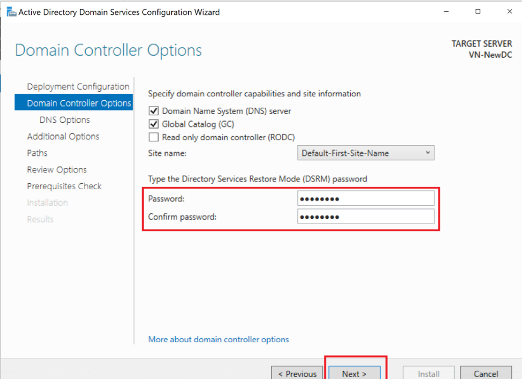 Screenshot: Choose DNS and Global Catalog (GC) → Set the password → Click Next and Install