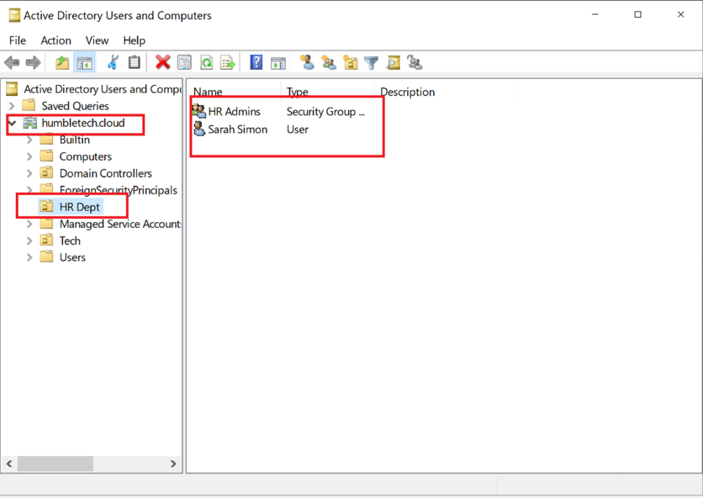 Screenshot: Test by viewing the Organizational Units, Groups, and Users you created on the Primary DC and confirming that they replicated to the secondary DC