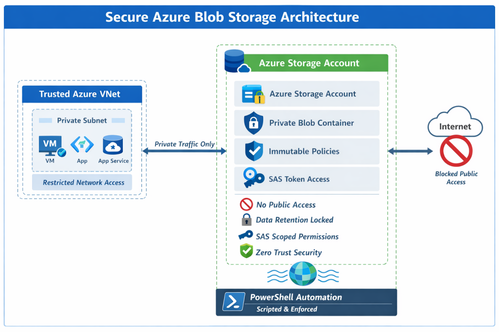 Diagram of the lab environment: an Azure storage account secured with network rules, SAS tokens, and immutability policies
