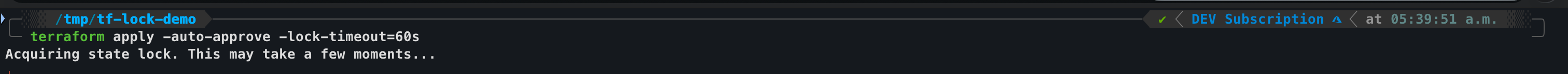 Terminal showing terraform apply waiting at Acquiring state lock with a 60 second lock timeout