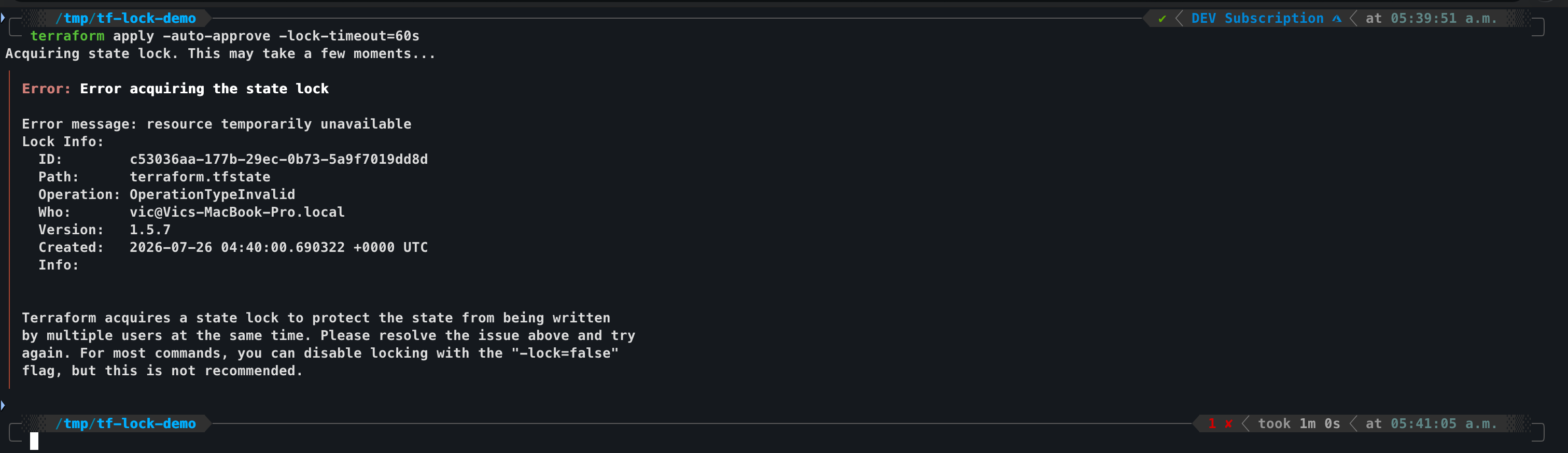 Terminal showing Terraform error acquiring the state lock with lock ID, path, operation, user, version, and created timestamp