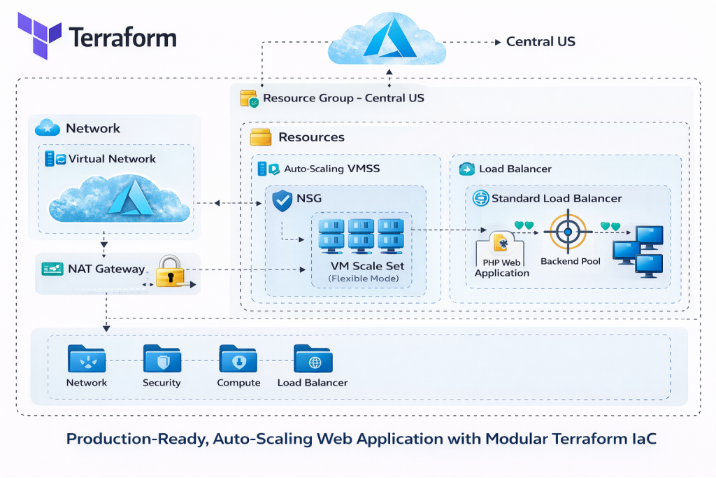 Architecture diagram of the auto-scaling environment: a VM Scale Set behind a load balancer with a NAT gateway, built with modular Terraform