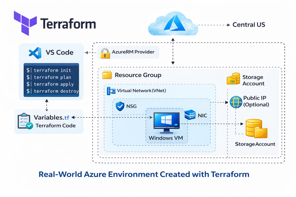 Architecture diagram of the Terraform lab: a resource group containing a VNet, subnets, NSGs, and virtual machines